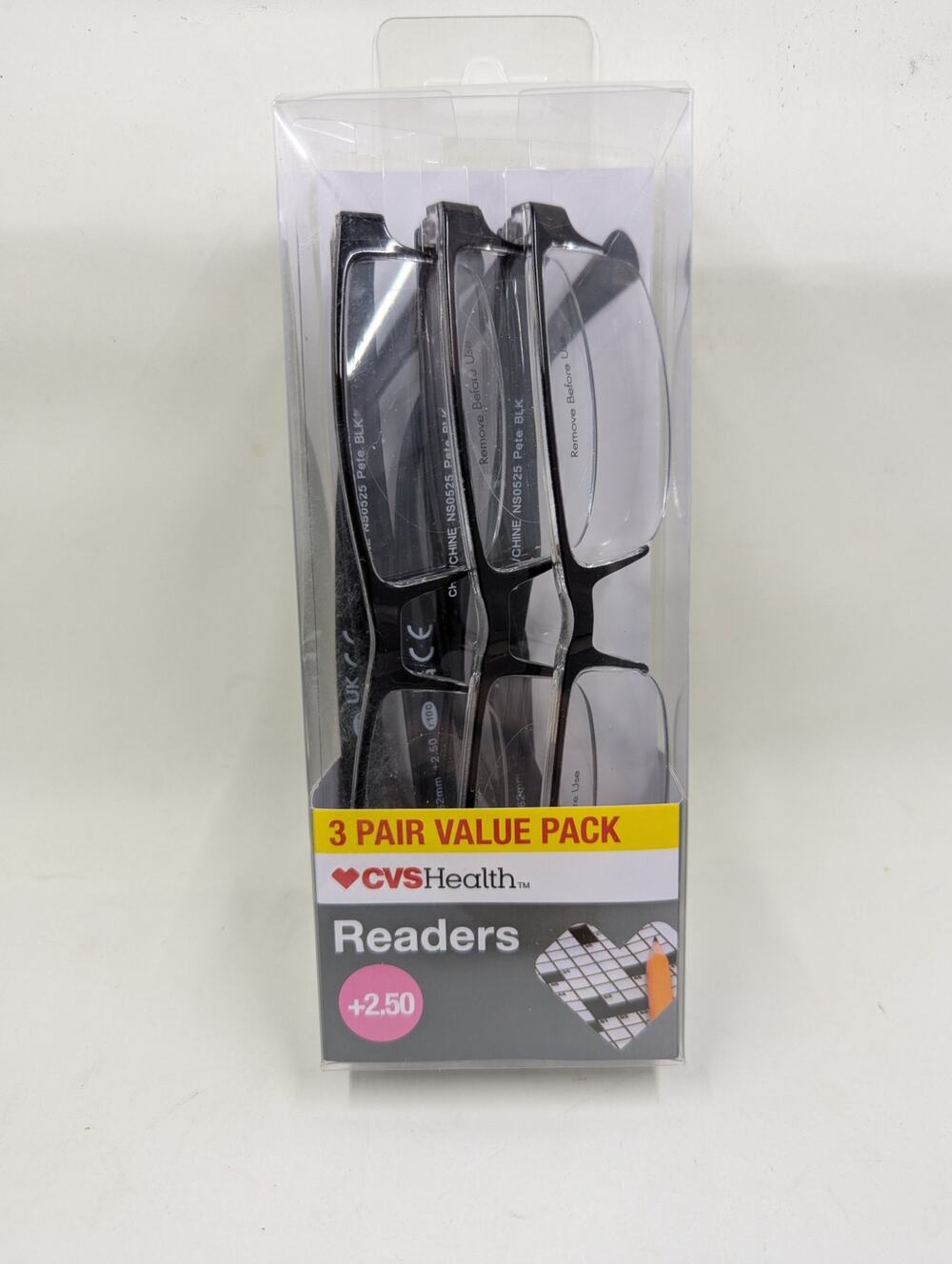 CVS Health reading glasses +2.50 3 pair pack 5013843 new black thin rim